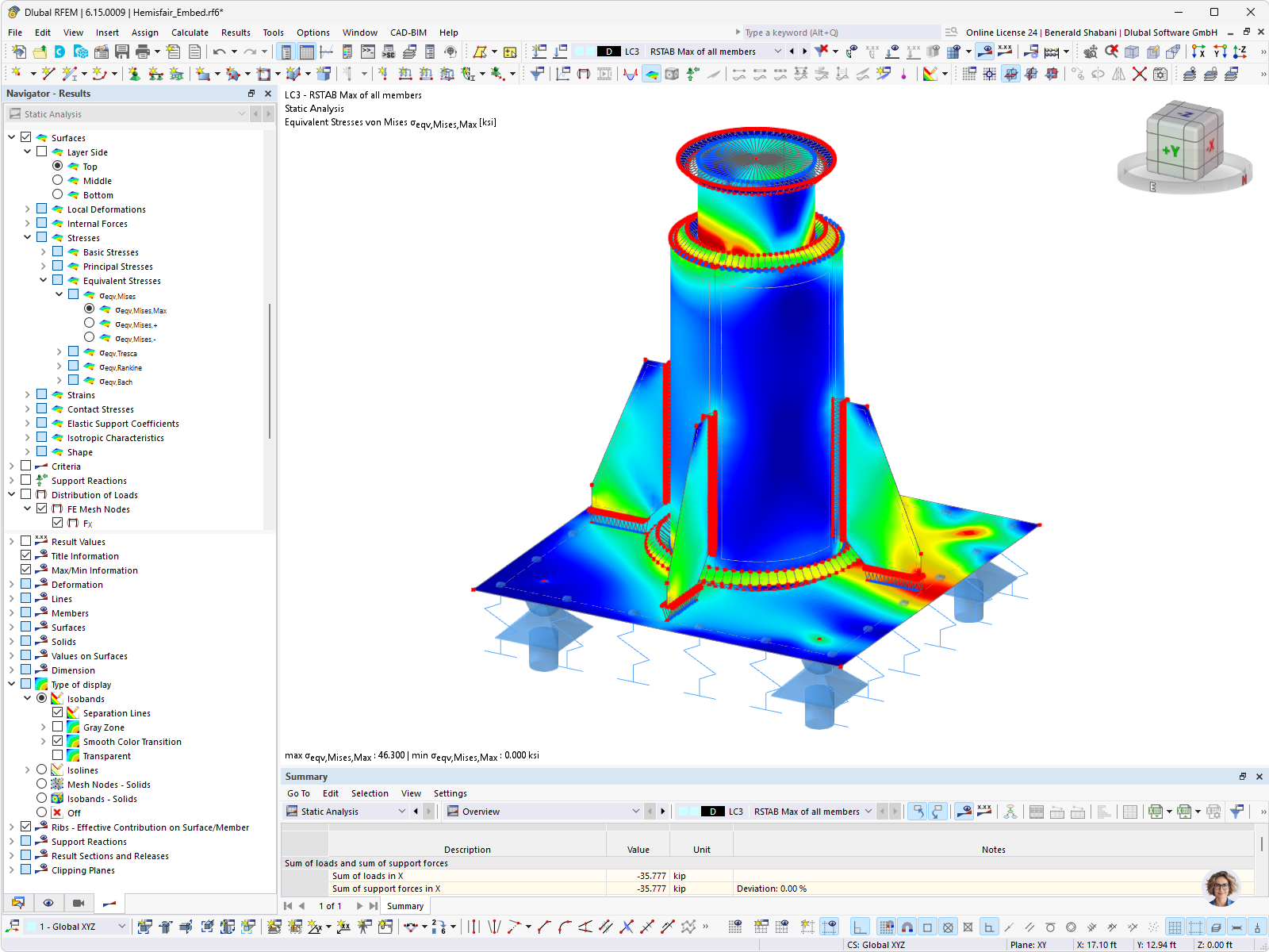 RFEM result display of von Mises equivalent stresses at the column base of a steel structure.