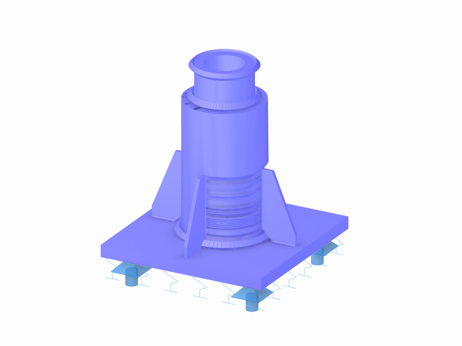 3D RFEM model of a column base for the steel roof structure, including the base plate, steel column, and gusset plates.