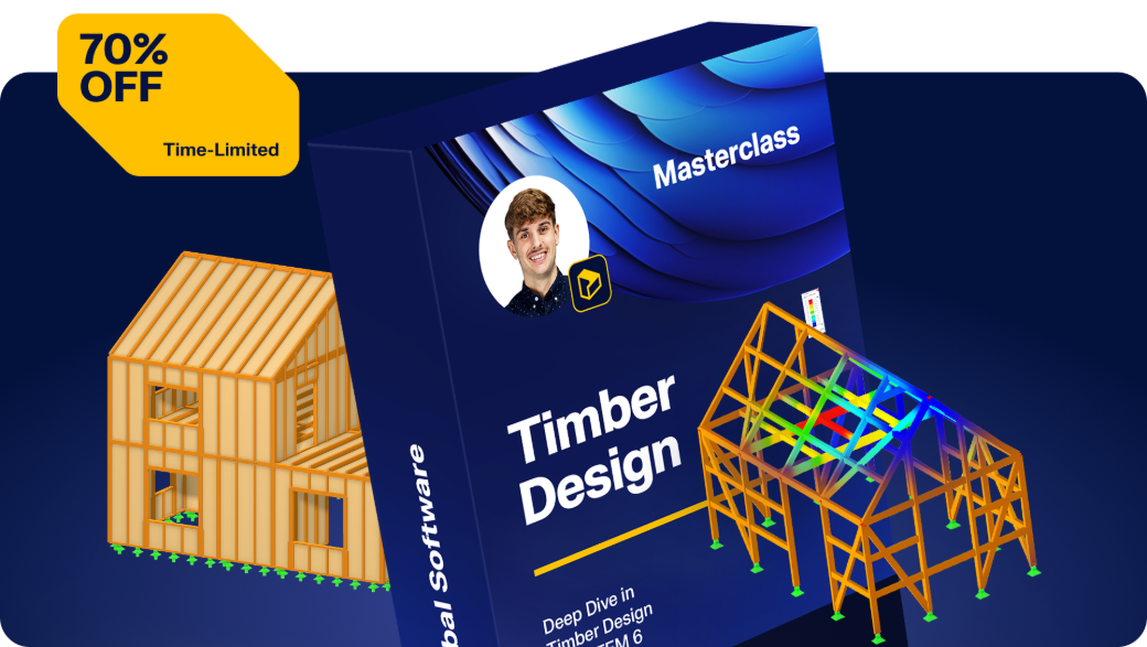Promotional image for a Timber Design Masterclass course in RFEM 6, featuring timber building models, FEM stress results, and a time-limited 70% discount offer.