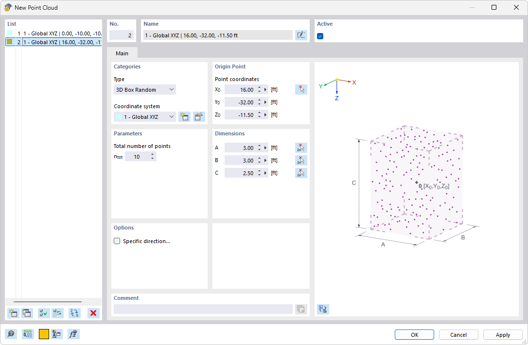 'New point cloud' dialog box