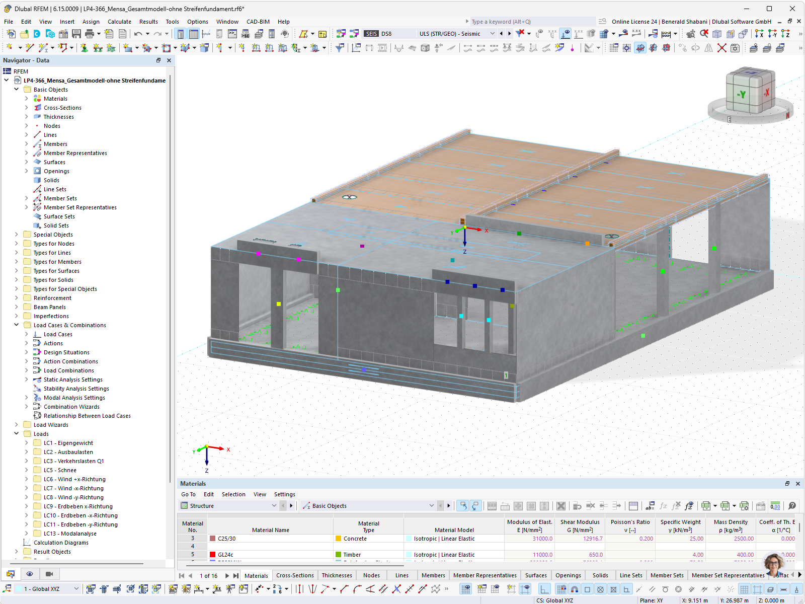 3D building model of the cafeteria at Otzenrath Elementary School, featuring a hybrid construction with a timber ceiling and concrete walls, created using RFEM with Navigator, load cases, and a material list.