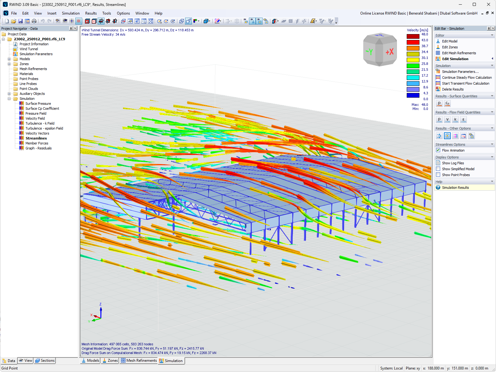 Wind flow and velocity distribution around a steel hall in RWIND