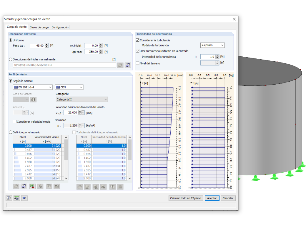 Datos para generar y simular de casos de carga de viento en RFEM/RSTAB