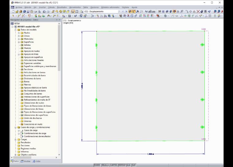 Berechnungsmodell in RFEM: ein FE-Element, links gehalten, rechts gezogen