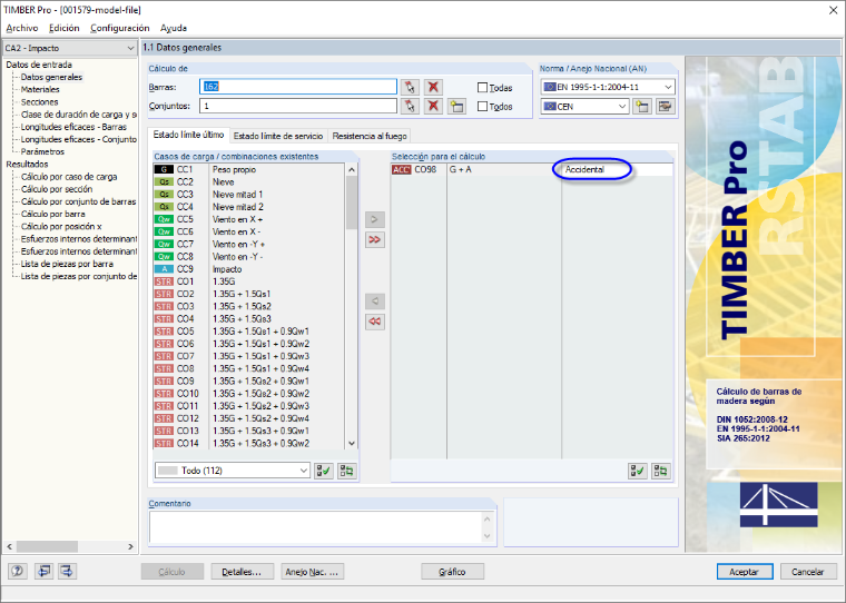 Datos generales en TIMBER Pro con la asignación de la situación de proyecto