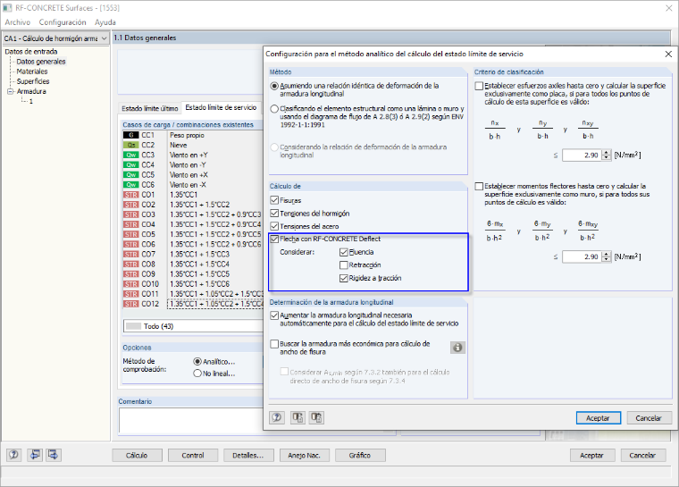 Configuración para el análisis de deformaciones con RF-CONCRETE Deflect