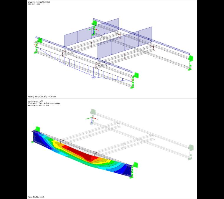 My en la viga (superior) y factor de carga crítica en RF-STABILITY (inferior)