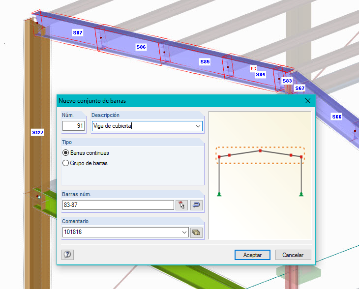 Conjuntos de barras de RFEM combinan barras individuales y se corresponden con los componentes físicos en el modelo de BIM