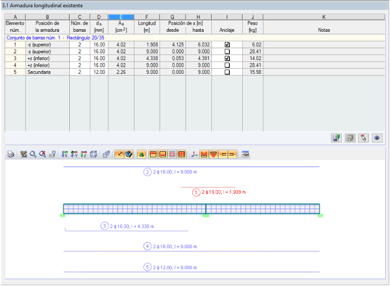 Ventana "3.1 Armadura longitudinal existente" en CONCRETE