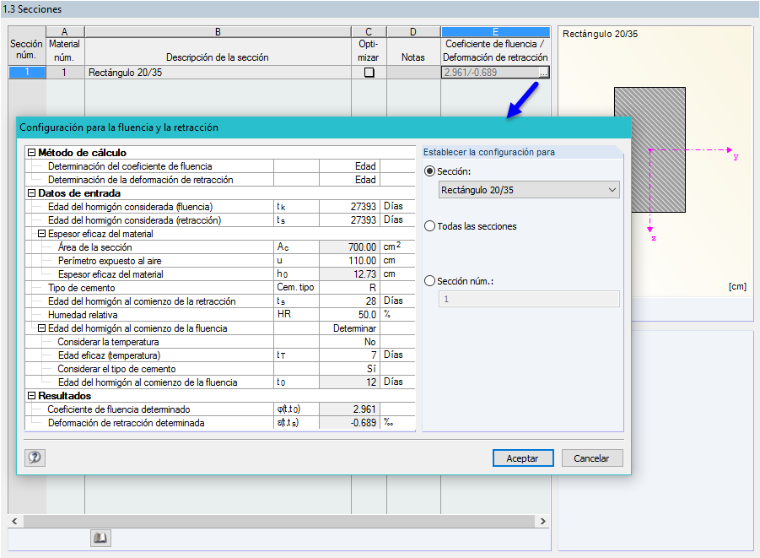 Ventana "1.3 Secciones" con configuración para la fluencia y la retracción