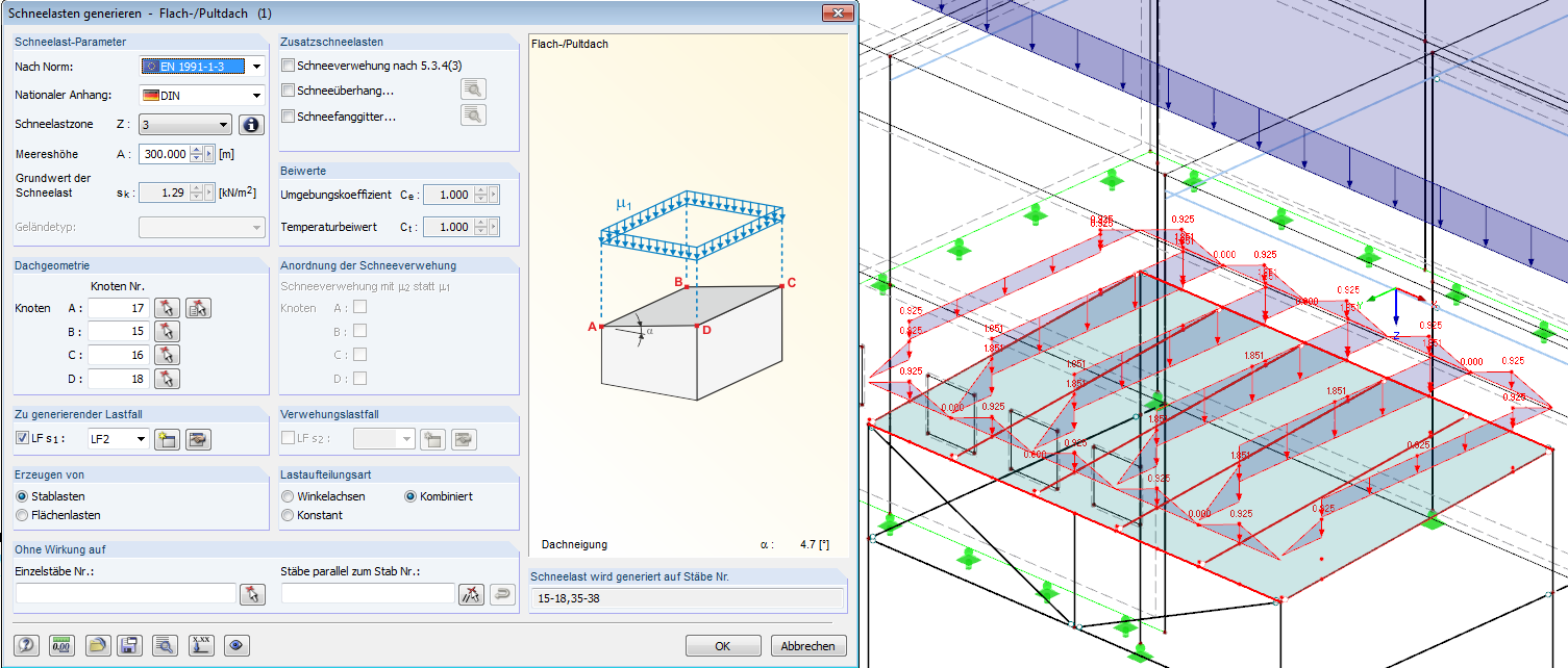 Objeto de análisis estructural "Carga de nieve" en RFEM: No se puede representar de forma idéntica en la interfaz o el software BIM, por ejemplo, en la Vista de análisis estructural de IFC. La inteligencia del objeto se pierde si se resuelve en línea y cargas trapezoidales sin referencia a la zona de carga de nieve.