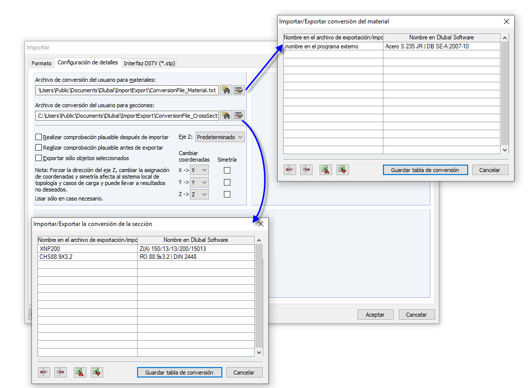 importación y exportación simplificada a través del archivo de conversión