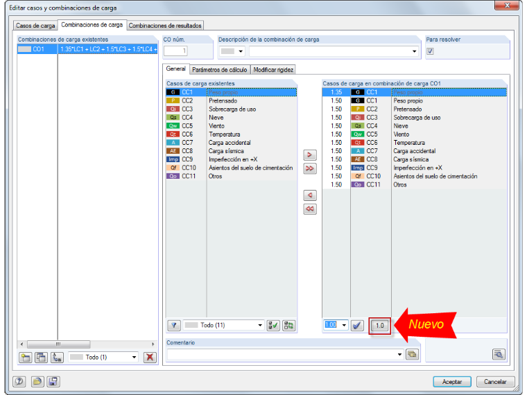 Editar casos de carga y combinaciones