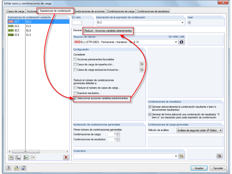 Editar casos de carga y combinaciones
