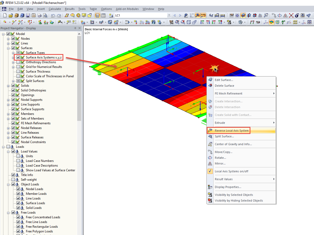 Inversión de sistemas de ejes de superficies en RFEM 5