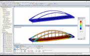 Modelo en 3D (arriba) y deformaciones (abajo) del puente Hervester núm. 423 en RSTAB (© grbv)
