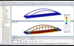 Modelo en 3D (arriba) y deformaciones (abajo) del puente Hervester núm. 423 en RSTAB (© grbv)