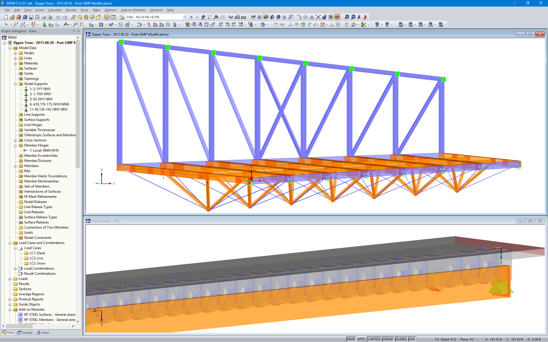 Modelos en 3D en RFEM: Las cerchas cremallera con cerchas de acero adyacentes (arriba) y la viga de sección mixta de madera y hormigón con conectores modelados de acero (abajo) (© Equilibrium Consulting Inc.)