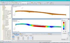 Modelo y forma del primer modo de un puente peatonal y ciclista en RFEM (© IB Miebach)