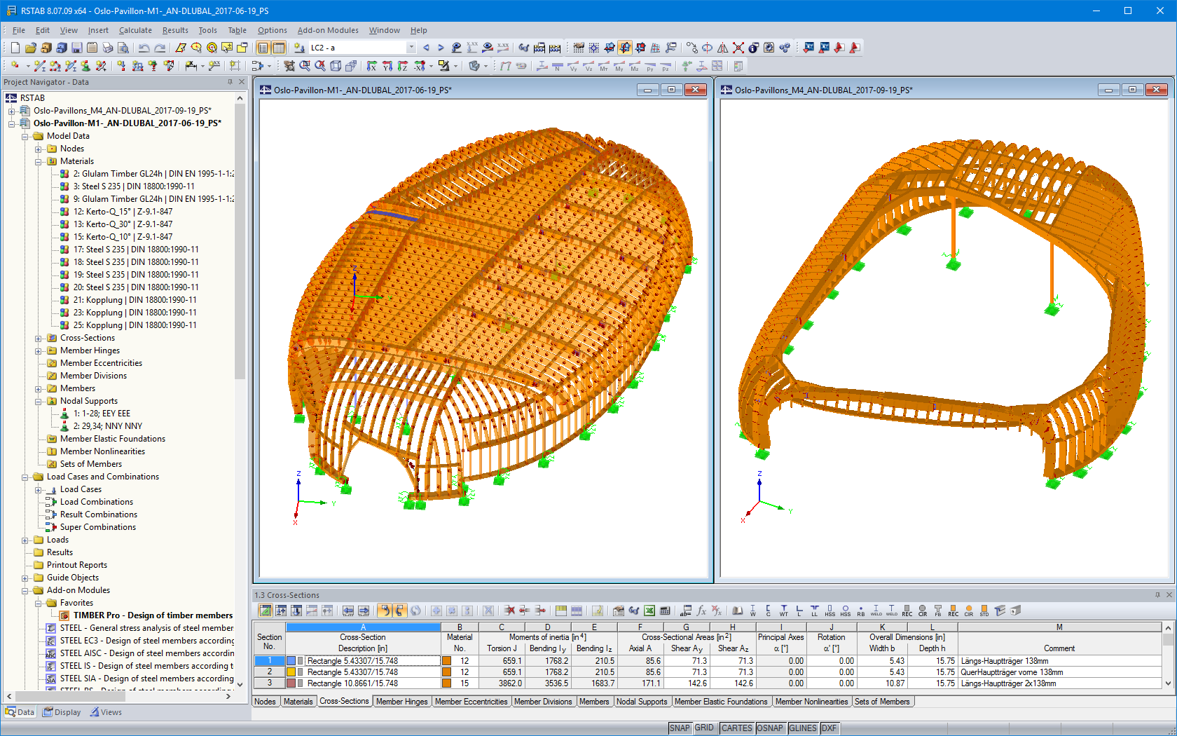 Modelos en 3D de dos pabellones en RSTAB (© Blumer-Lehmann AG)