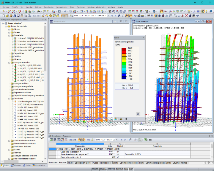 3D-Modell des Aussichtsturmes und Verformungsfigur in RFEM (© Harrer Ingenieure)