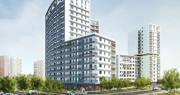 Edificios residenciales de gran altura con tiendas y aparcamiento subterráneo en Cracovia, Polonia