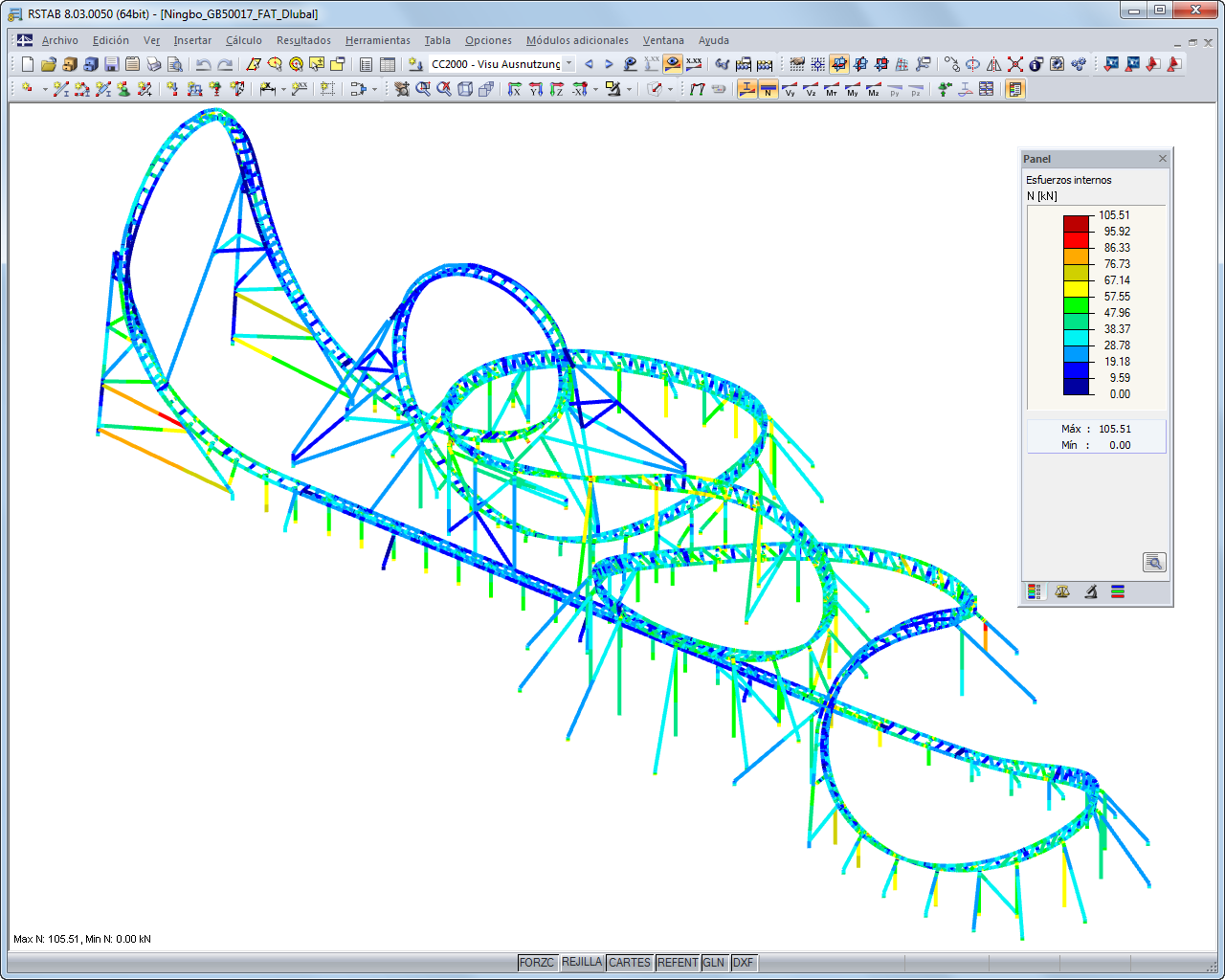 Representación de la razón de cálculo para fatiga según GB 50017 (1 kN = 1 %) en un modelo 3D mostrado en RSTAB (© Maurer Söhne)