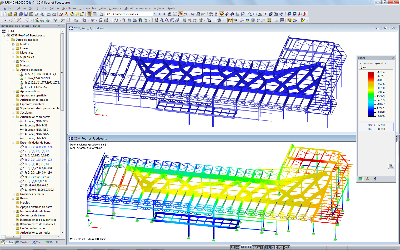 Modelo de la cubierta del food court en RFEM con resultados de deformación (© Obermeyer a.s.)