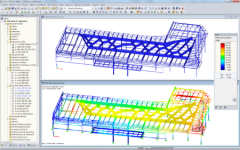 Modelo de la cubierta del food court en RFEM con resultados de deformación (© Obermeyer a.s.)
