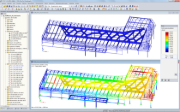 Modelo de la cubierta del food court en RFEM con resultados de deformación (© Obermeyer a.s.)