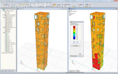 Modell des Außenturms sowie Bemessungsergebnisse von RF-LAMINATE in RFEM (© Wirth)
