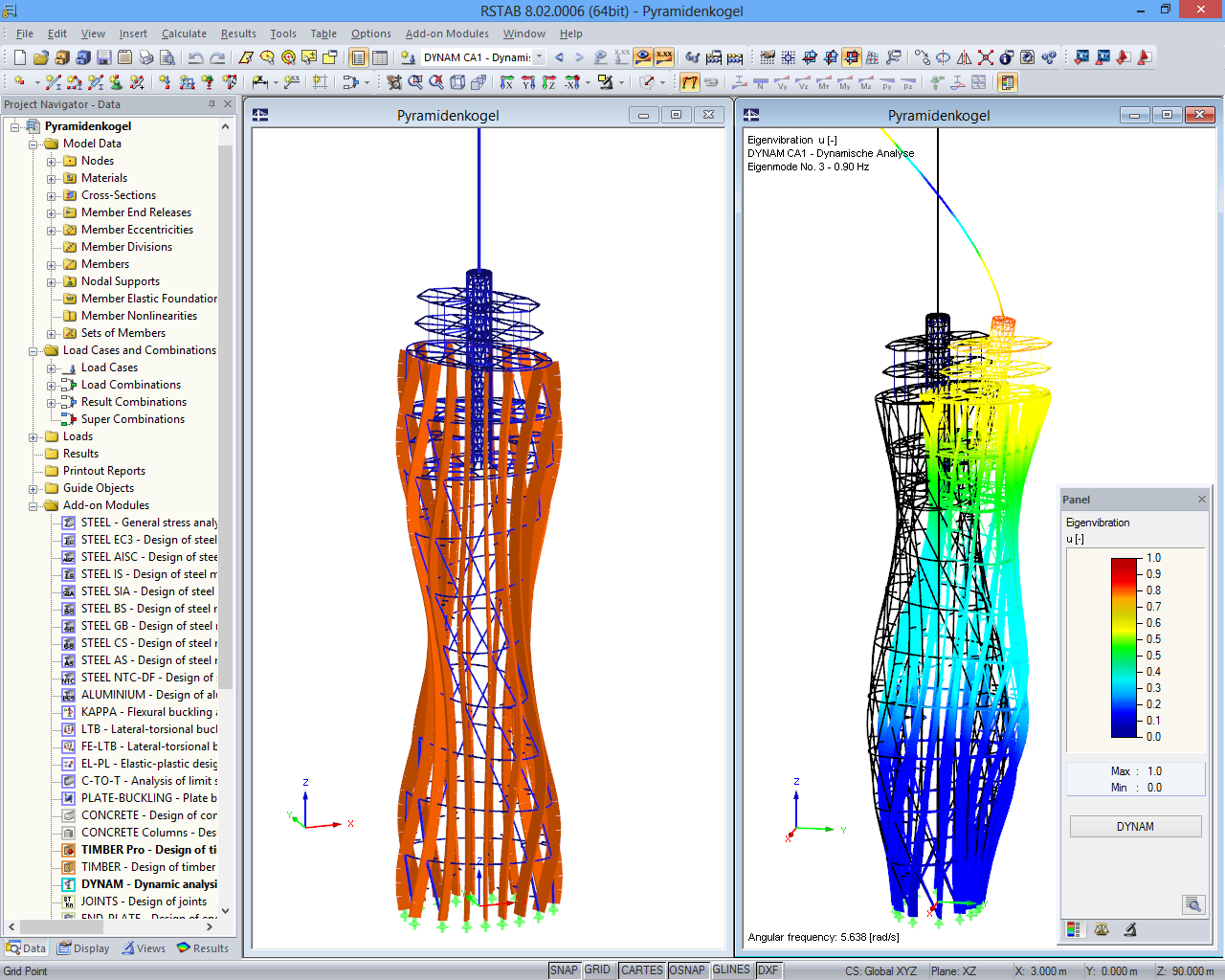 Modelo 3D visualizado en RSTAB y forma de modo calculada en DYNAM (© LACKNER + RAML)