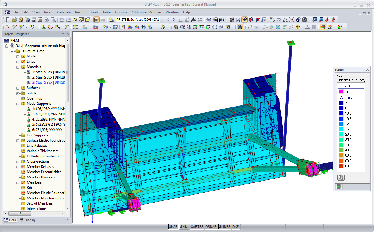 Modelo de RFEM de espesores de superficies en RF-STEEL Surfaces (© Ingenieurbüro Jürgen Ehlenz)