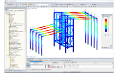 Modelo 3D de la estructura de la sala con deformaciones visualizadas en RFEM (© pbr)
