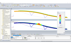 Modelo (superior) y forma del primer modo (inferior) de la armadura de techo híbrida en RFEM (© StructureCraft Builders Inc.)