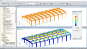 Modelo 3D de cubierta (superior) y resultados de diseño en RF-TIMBER Pro (inferior) en RFEM (© Rodentia SIA)