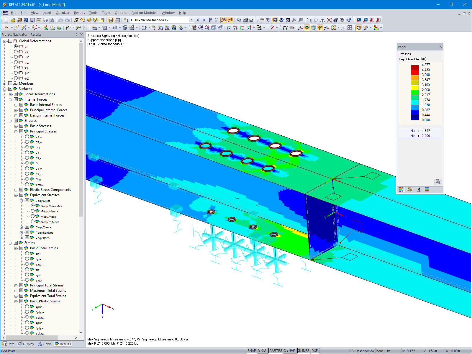 Modelo local de RFEM de la conexión entre las vigas de acero y madera (© Maderas Besteiro)