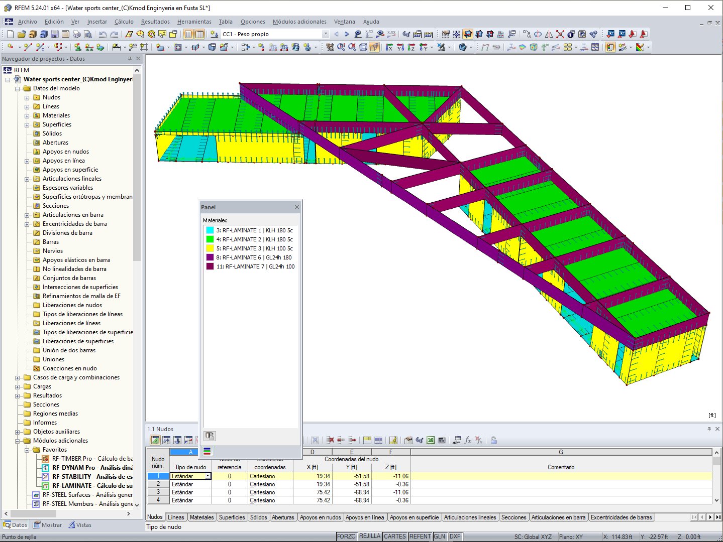 Modelo en RFEM del Centro de Deportes Náuticos (© Kmod Enginyeria en Fusta SL)