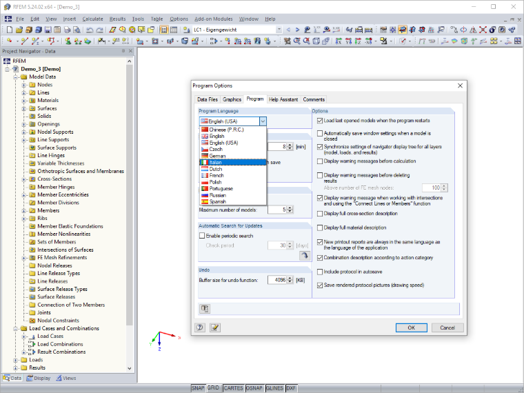 Configuración del idioma del programa