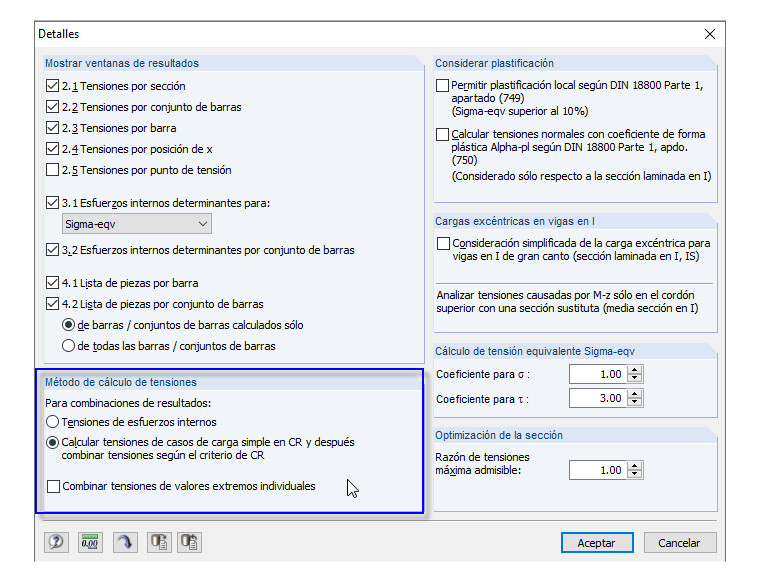 Detalles: cálculo de tensiones para combinaciones de resultados