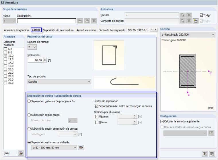 Opciones predeterminadas para la disposición de los estribos