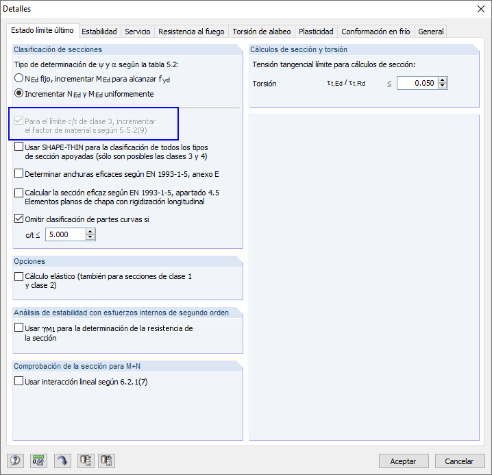 Incremento del factor de material épsilon según 5.5.2 (9)