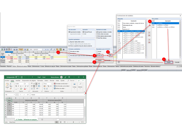 Exportación de las fuerzas en el apoyo en nudo de LC/CO/RC seleccionadas a Excel