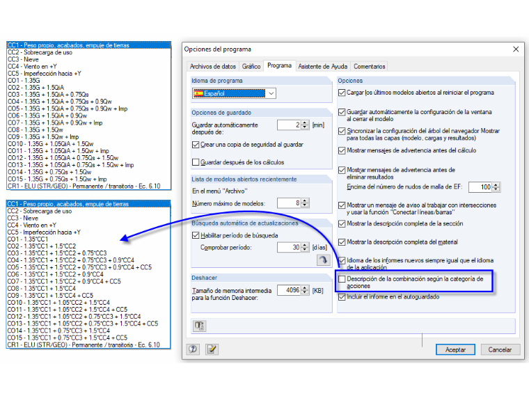 Descripción de combinaciones según la categoría de acción