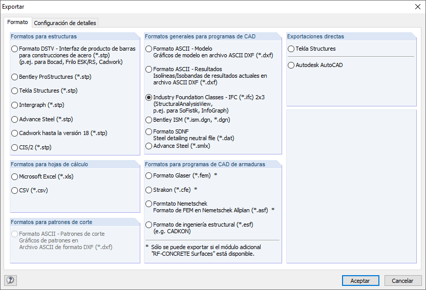 Interfaces de exportación de RFEM