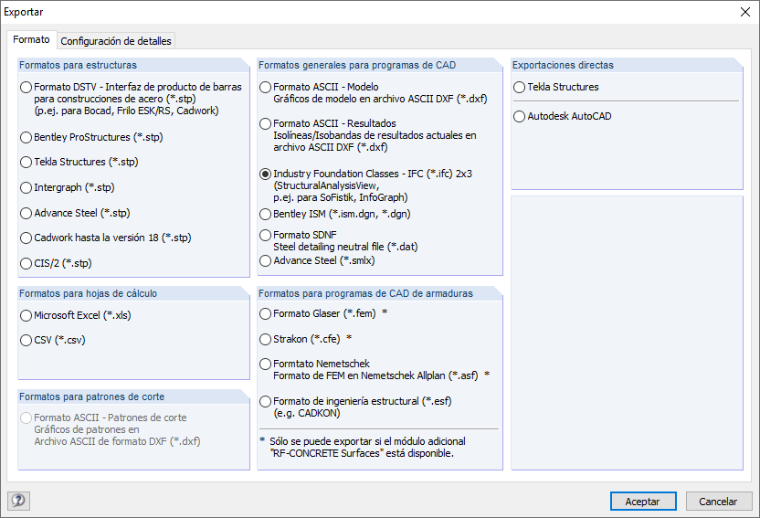 Interfaces de exportación de RFEM