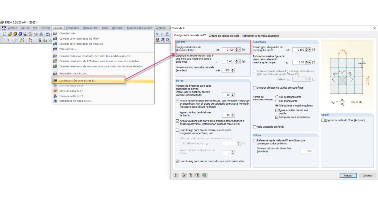 Configuración de malla de elementos finitos (EF) en RF-GLASS