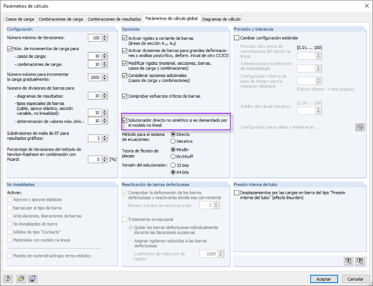 Solver de ecuaciones directo asimétrico en RFEM 5