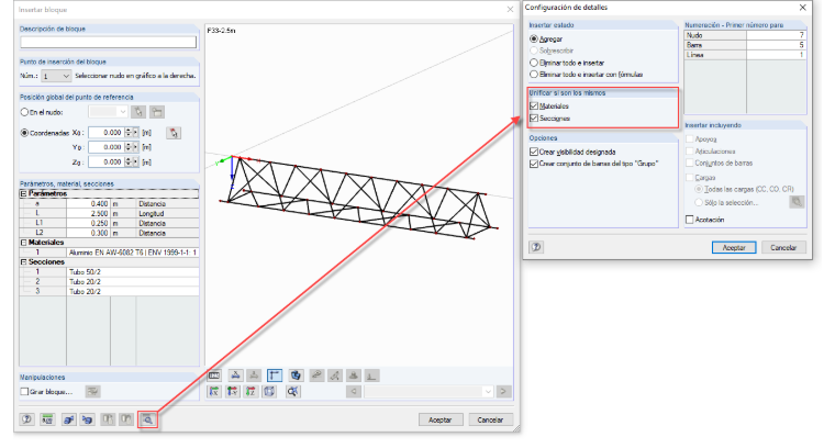 Configuración detallada para insertar bloque