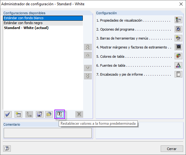 Restablecimiento de la configuración de la configuración seleccionada a los valores predeterminados 
